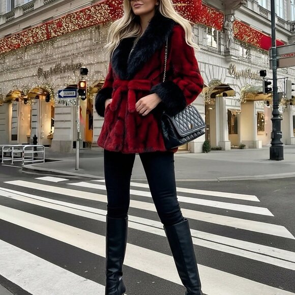 black -Red Women's belted Long Sleeve Faux Fur Jacket coat - Picture 8 of 8